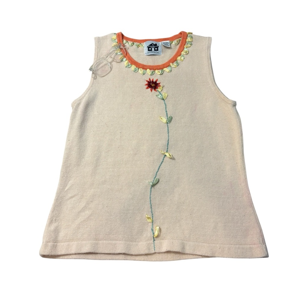 Storybook Knits Cream Tank Top with Floral Embroidery